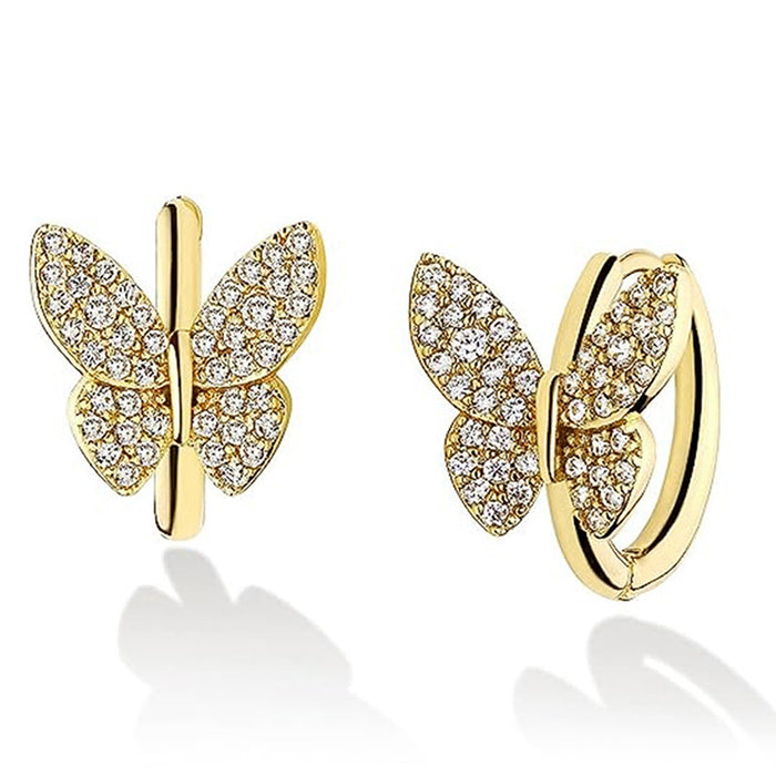 Gold Tone Pave Crystal Butterfly Huggie Hoop Earrings
