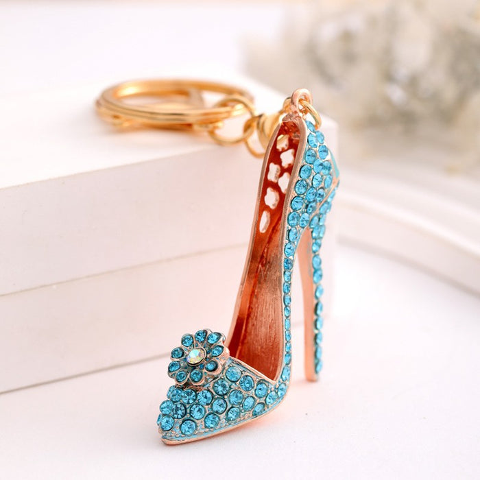 Rhinestone High Heel Shoe Keychain Flower Accent Charm