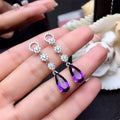 Purple Teardrop Crystal Long Earrings in Silver Tone view 1