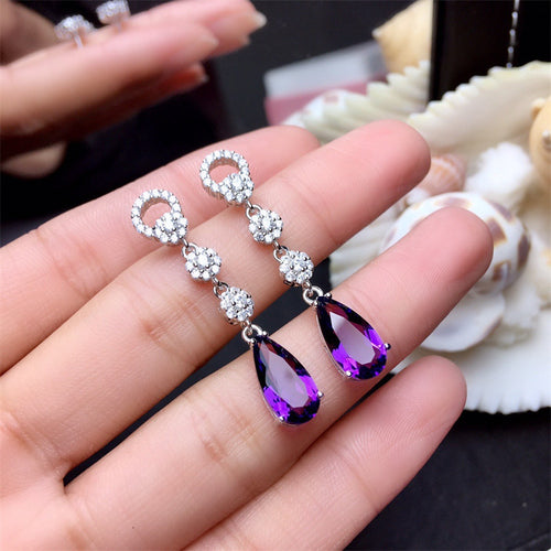 Purple Teardrop Crystal Long Earrings in Silver Tone, front view.