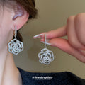 Silver Tone Crystal Rose Statement Huggie Drop Earrings view 1