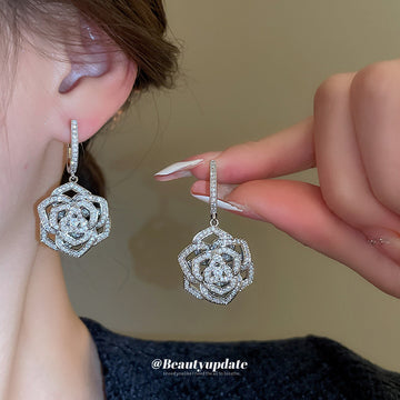 Silver Tone Crystal Rose Statement Huggie Drop Earrings