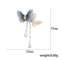 Blue Fabric Butterfly Brooch with Crystal Tassels Dangle Pin view 5