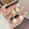 Gold Tone Rose and Pearl Look Ball Dangle Stud Earrings view 3