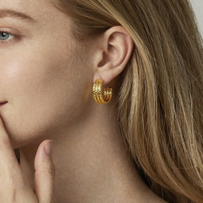 Three Layer C Shape Textured Gold Hoop Stud Earrings
