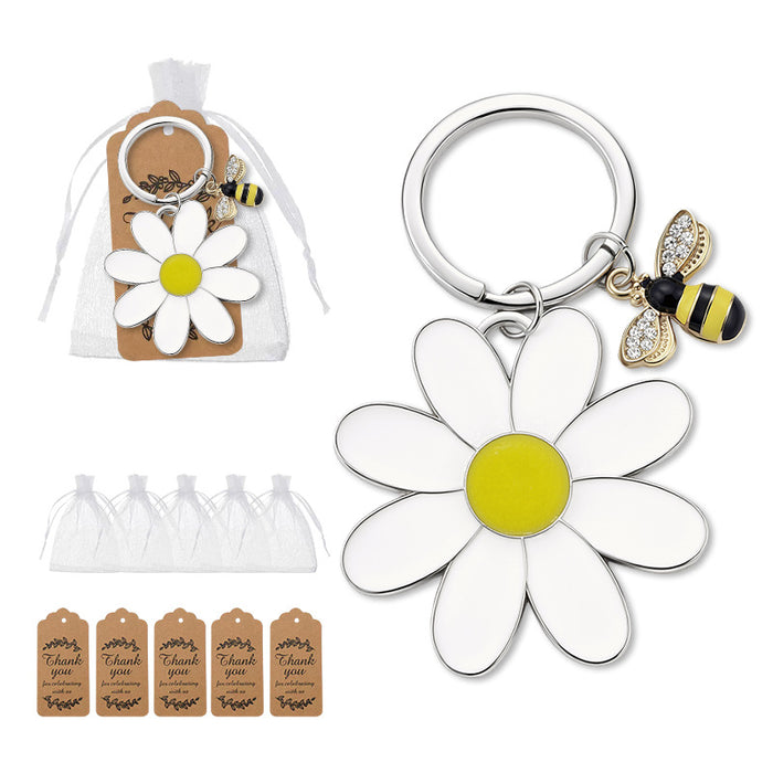 White Daisy Bee Keychain With Organza Bag And Thank You Tag Option