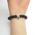Black Beaded Elastic Bracelet With Silver Tone Skull Accent view 4