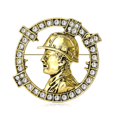 Front view of the crystal frame construction worker portrait brooch decorative clothing pin on a white background