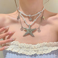 Layered Pearl Starfish and Star Necklace Decorative Jewelry Accessory view 3