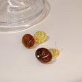 Brown Oval Textured Gold Tone Dangle Stud Earrings view 2