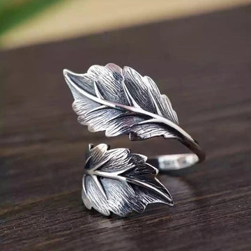 Antique Silver Dual Leaf Open Adjustable Wrap Ring