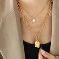 Layered Face Plaque Pearl Necklace Gold Steel Multi Chain view 6
