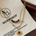 Gold Double Layer Sun Pendant Tiger Eye Bead Necklace view 2
