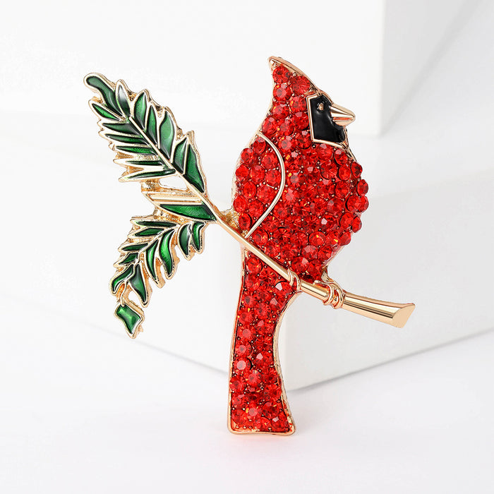 Red Crystal Cardinal Bird Brooch On Green Branch Decorative Lapel Pin