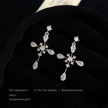Silver Clear CZ Crystal Cross Drop Stud Earrings Pair