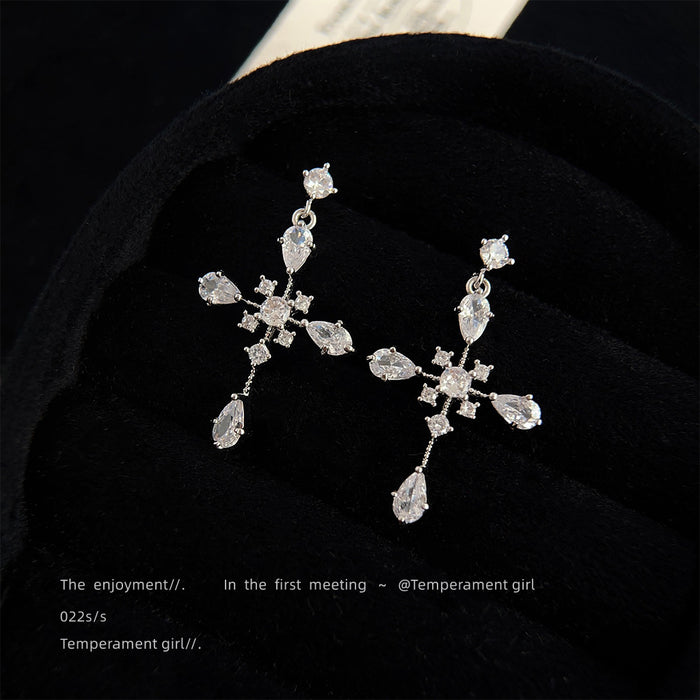 Silver Clear CZ Crystal Cross Drop Stud Earrings Pair