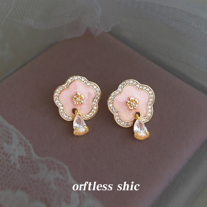 Gold Tone Pink Flower Clear Teardrop Stud Earrings For Women
