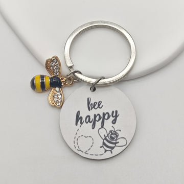 Bee Happy Round Disc Keychain Rhinestone Bee Charm