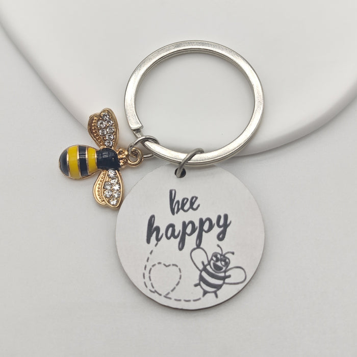 Bee Happy Round Disc Keychain Rhinestone Bee Charm