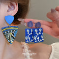 Blue Painted Geometric Floral Statement Drop Earrings view 2