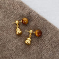 Brown Cabochon Stud Earrings with Gold Tone Gourd Drops view 6