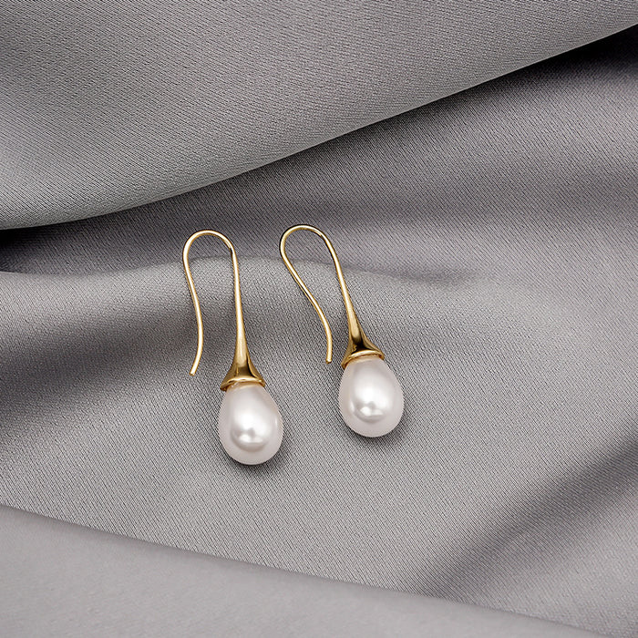 Gold and Silver Pearl Look Teardrop Long Hook Earrings