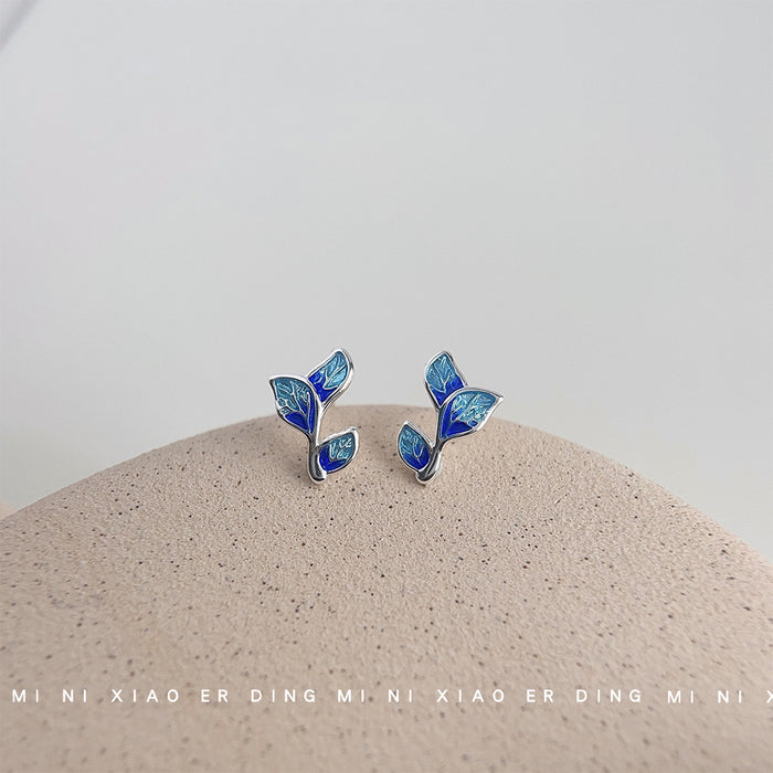 Silver Blue Enamel Leaf Stud Earrings Gradient Three-Leaf Pair