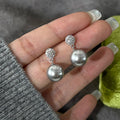 Silver Pavé Disc Faux Pearl Drop Stud Earrings Gray White view 2