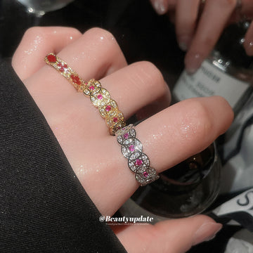 Open Coin Motif Crystal Rings Silver Gold Red Enamel
