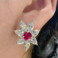White Gold Red Center Marquise Flower Stud Earrings view 2