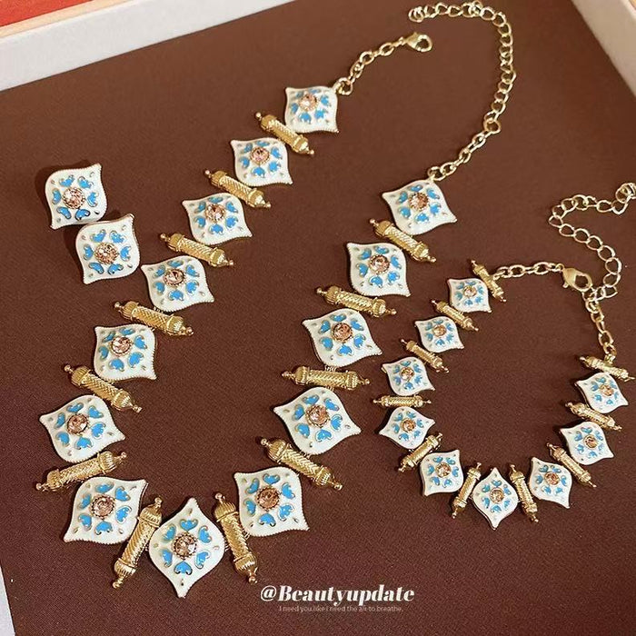 Gold Enamel Rhombus Blue Heart Rhinestone Necklace Bracelet Studs