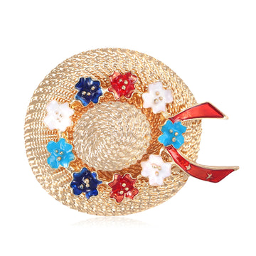 Woven Look Floral Sun Hat Brooch with Ribbon in Two Colorways