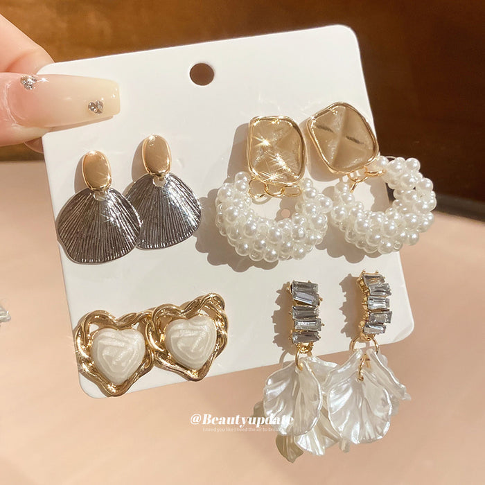 Gold Pearl Mixed Stud Drop Multi Piece Earring Sets