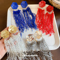 Metal Flower And Fine Chain Fringe Earrings In Two Tones view 1