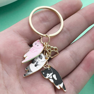 Cat Charm Keychains with Enamel Cats, Pearls and Flowers, Gold-Tone