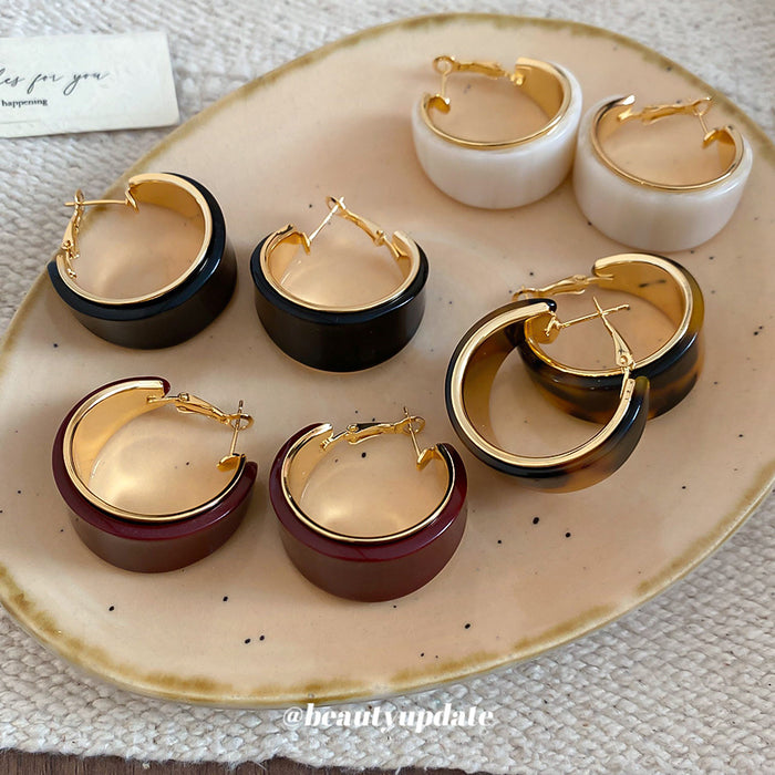 Gold Tone Wide Hoop Earrings with Curved Resin Panels