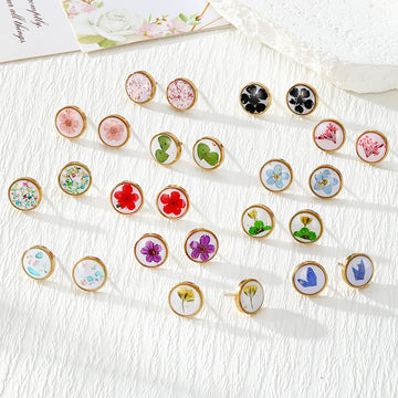 Gold Tone Round Floral Stud Earrings in Twelve Designs