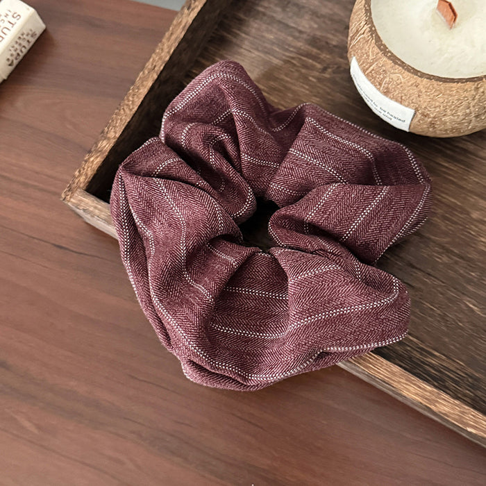 Burgundy Stripe Fabric Scrunchie Soft Ruffle Hair Tie