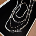 Layered Silver Tone Cross and Pearl Necklace with Mixed Chains view 2