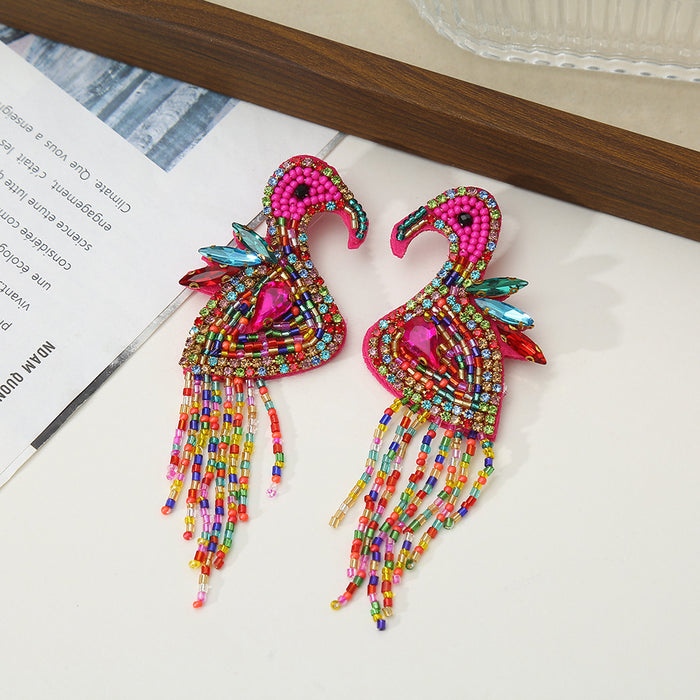 Beaded Rhinestone Flamingo Dangle Earrings With Fringe Legs