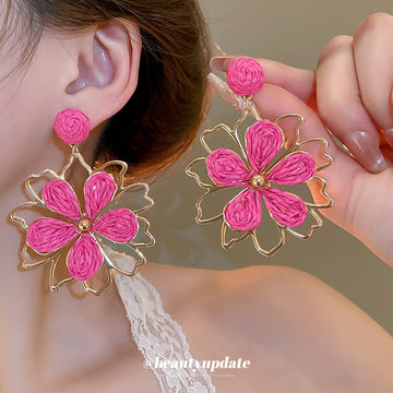 Gold Tone Woven Flower Drop Earrings in Six Color Options