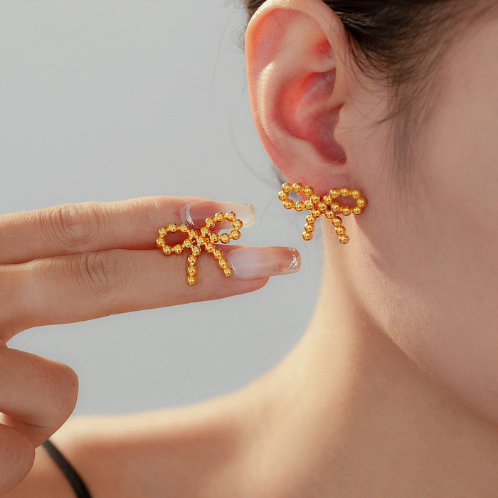 Gold Steel Beaded Bow Stud Titanium Steel Earrings Pair