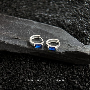 Silver-Tone Blue Baguette Stone Huggie Hoop Earrings