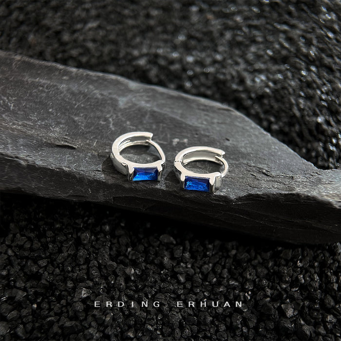 Silver-Tone Blue Baguette Stone Huggie Hoop Earrings