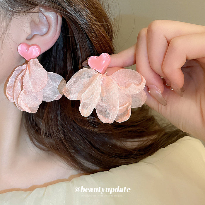 Sheer Fabric Petal and Heart Statement Drop Stud Earrings