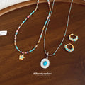Gold Turquoise Hoops Flower Bead Necklace Silver Oval Pendant view 3
