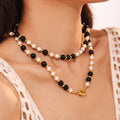 Black Agate White Shell Bead Necklace Gold OT Toggle Clasp view 3