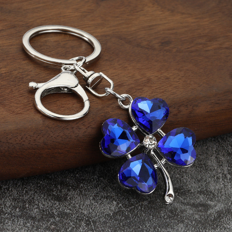 Rhinestone Four Leaf Clover Keychain with Colorful Cat Eye Stone Charm