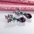 Purple Flower Enamel Oval Drop Earrings Silver Tone view 4