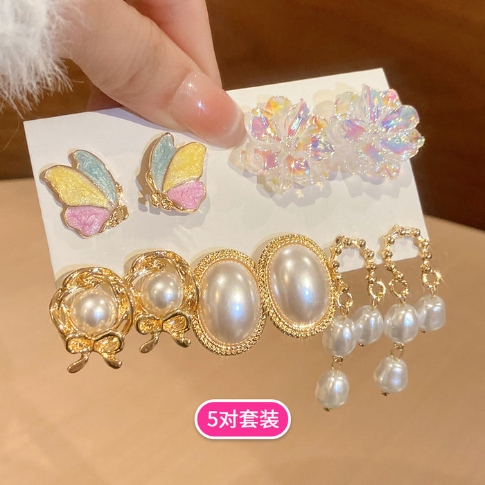 Colorful Butterfly Flower and Pearl Look Stud Earring Set